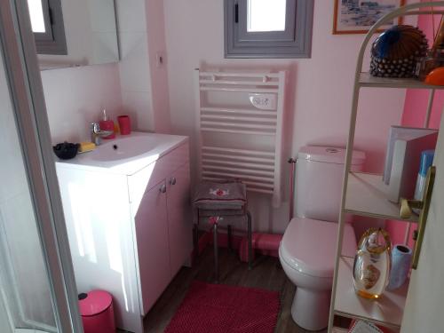 奎恩La Vie Au Roze的粉红色的浴室设有卫生间和水槽