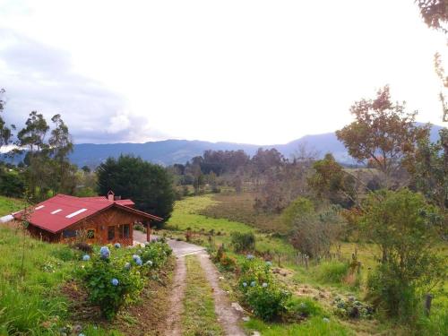 El EncanoCASA LA KOCHA, Cabin, Hostal en la Laguna de la Cocha的土路的田野上的小房子