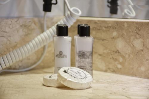 格拉玛多Micheline Hotel Tricot - ao lado da Rua Coberta的浴室内柜台上的两瓶除臭剂