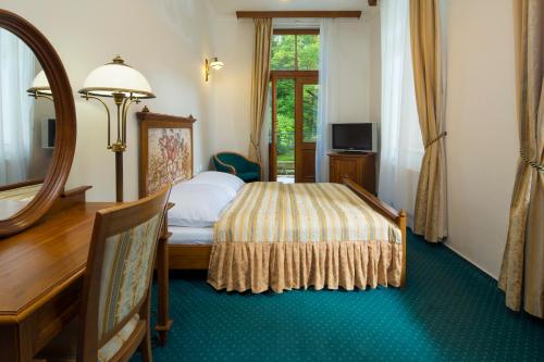 利布韦尔达矿泉村Spa Resort Libverda - Villa Friedland的一间卧室配有一张床、镜子和一张书桌