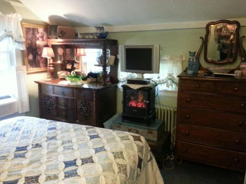 LakevilleA Meadow House的一间卧室配有一张床和一个燃木火炉