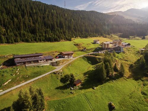 厄茨Berghotel & Gasthof Marlstein的享有山脉村庄的空中景致