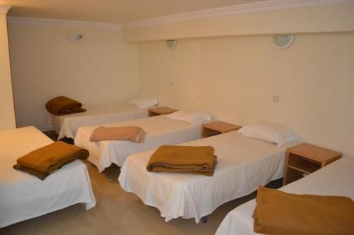 维拉·雷阿尔·德·桑托亚Arenilha Guest House的一间设有四张床的客房,配有棕色毯子