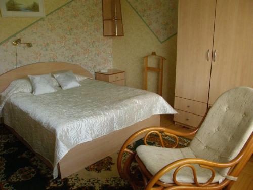 希奥利艾Home for Guests Lakštingala的一间卧室配有一张床和一把椅子