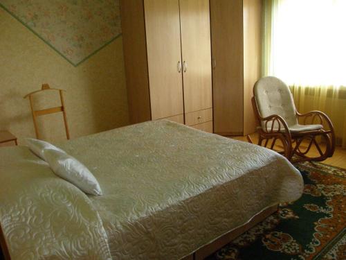 希奥利艾Home for Guests Lakštingala的卧室配有床、椅子和窗户。