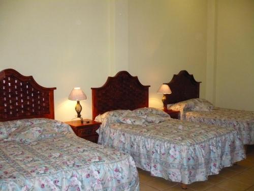 萨卡特卡斯科尔特斯之家酒店的酒店客房设有两张床和两盏灯。