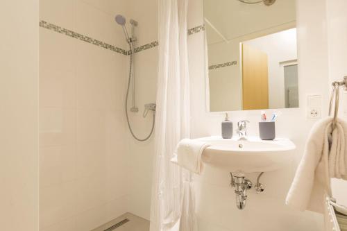 维也纳维也纳中央车站精品公寓的白色的浴室设有水槽和淋浴。