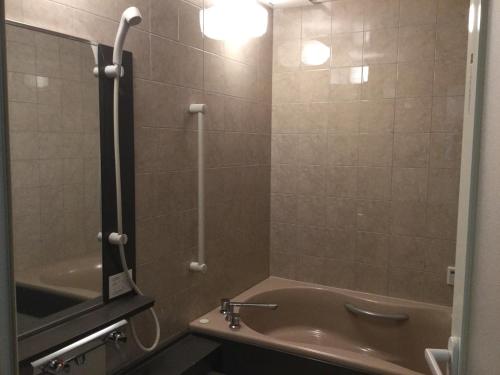 二世古新雪谷有乐酒店的浴室配有盥洗盆和带镜子的淋浴