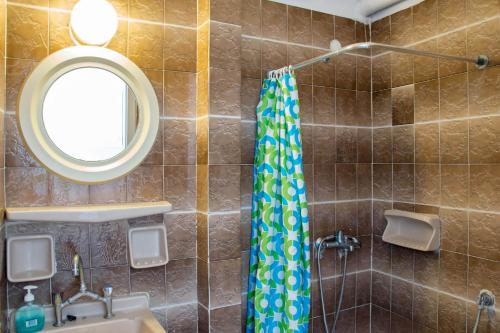 毕达哥利翁Hotel Tarsanas的带淋浴、水槽和镜子的浴室