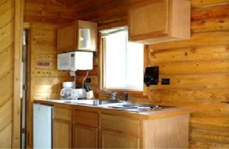 艾兰帕克鹰岭牧场旅舍的厨房配有木制橱柜、水槽和窗户。