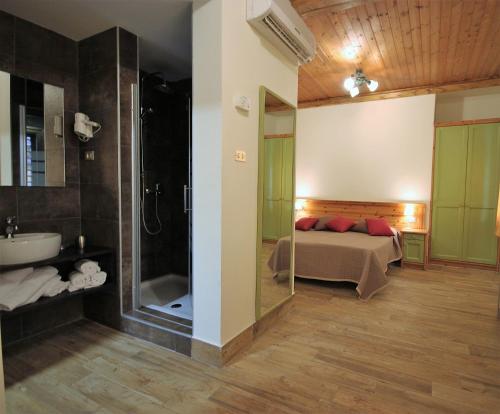 圣马西莫罗西亚特罗酒店的一间卧室配有一张床、淋浴和盥洗盆