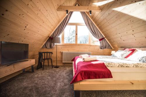 扎科帕内Osada domków TATRA-DREAM的一间卧室设有一张床和一个大窗户