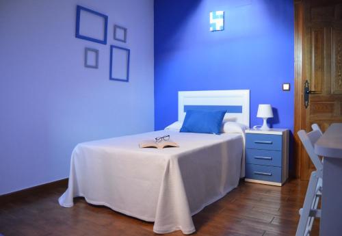 阿尔玛格鲁Casa Rural La Toza de Avelino的一间蓝色卧室,配有一张带书籍的床