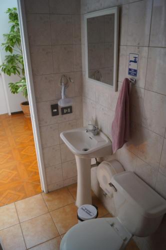 圣地亚哥大学酒店的一间带卫生间和水槽的浴室