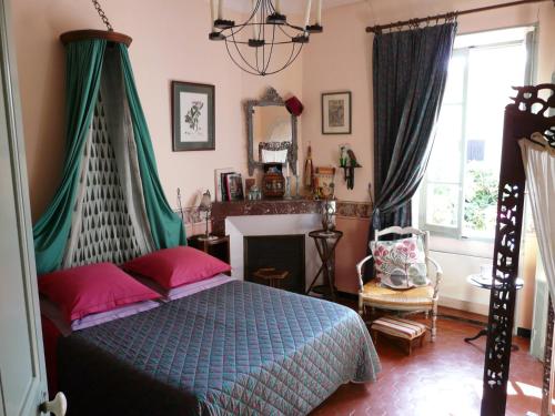 鲁西永阿姆喜酒店的一间卧室配有一张带天蓬的床和一个壁炉