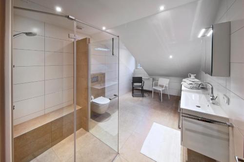 艾斯登Vakantieappartement Diepstraat的带淋浴、卫生间和盥洗盆的浴室