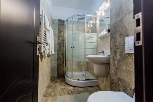 MioveniPensiunea Raxand的一间带卫生间和玻璃淋浴间的浴室
