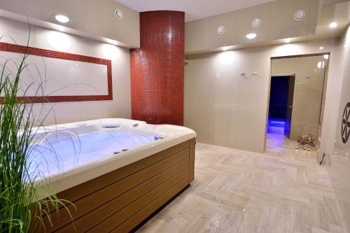 扎科帕内Grand Podhale Resort&Spa- Jacuzzi - Sauna fińska i Łaźnia parowa - Widok na Tatry的大型浴室设有浴缸和淋浴。