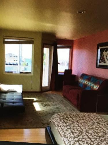 Neah BayApocalypto Motel的一间卧室配有一张床、一张沙发和窗户。