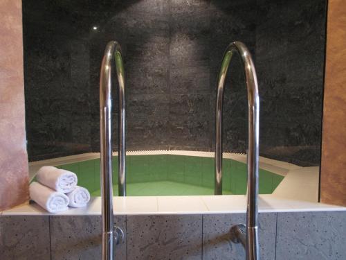 卡罗维发利珍德卡若健康酒店的浴缸配有2条毛巾和2个水龙头