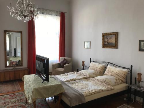 维也纳一楼88平方米公寓的一间卧室配有一张床和一张桌子上的电视
