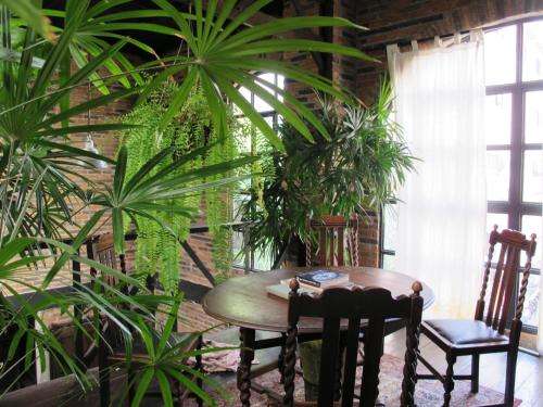 曼谷J14号住宿加早餐旅馆的植物间里的桌椅