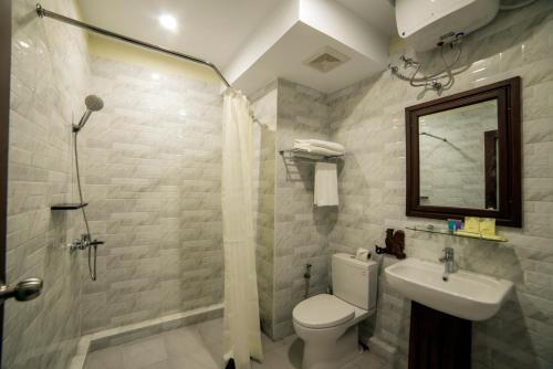 蒲甘蒲甘景观酒店的一间带卫生间、水槽和镜子的浴室