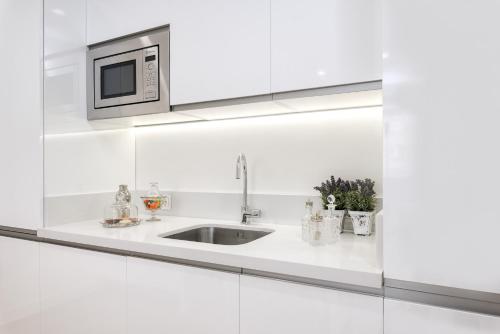 马拉加iloftmalaga Centro Alameda的白色的厨房配有水槽和微波炉