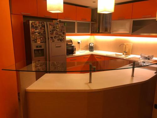 索非亚梦幻三卧室公寓的厨房配有带冰箱的玻璃台面