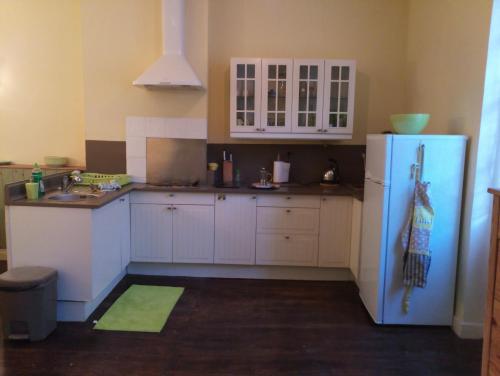 西埃勒河畔科尔德Lougat la maison des chats的厨房配有白色橱柜和冰箱。