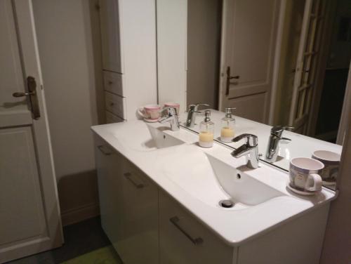西埃勒河畔科尔德Lougat la maison des chats的白色的浴室设有两个盥洗盆和镜子