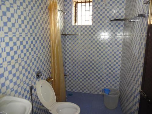 卡乌罗西姆Lobo's Guesthouse的带淋浴、卫生间和盥洗盆的浴室