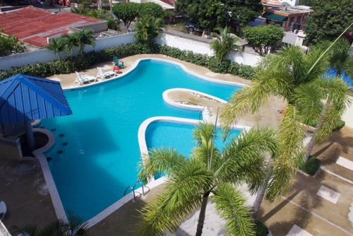 SabanetaGran Hotel Marien的享有棕榈树蓝色游泳池的顶部景致