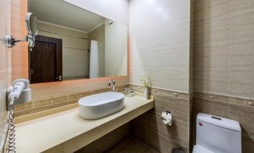撒马尔罕东方之星酒店的一间带水槽、卫生间和镜子的浴室