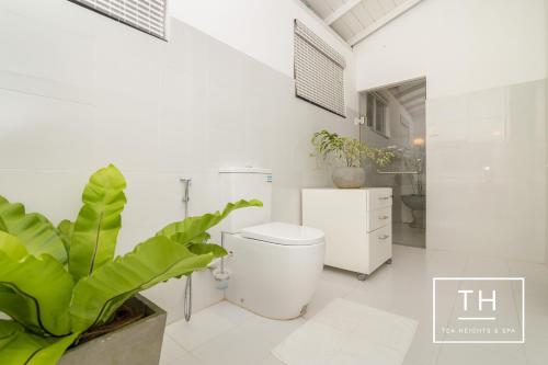 康提茶之高地酒店的白色的浴室设有卫生间和植物