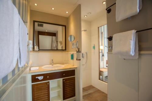 鲁斯特钟岩欧洲主题公园&冒险度假村四星级高级酒店的浴室配有盥洗盆和带镜子的淋浴