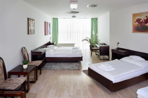 布拉格安科拉酒店的一间卧室配有两张床和一张桌子及椅子