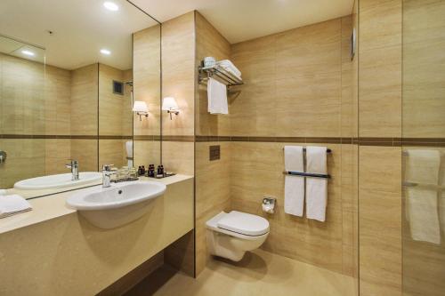 奥克兰SkyCity Hotel Auckland的浴室配有卫生间、盥洗盆和淋浴。