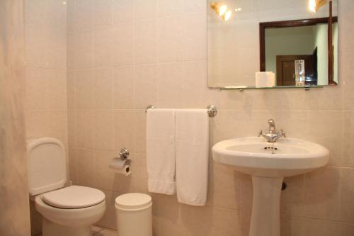 维达古Restaurante e Residencial O Resineiro的一间带水槽、卫生间和镜子的浴室