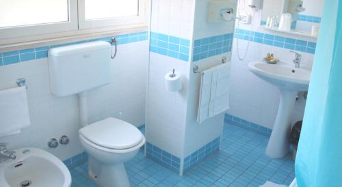 安德里亚Albergo dei Pini的蓝色和白色的浴室设有卫生间和水槽