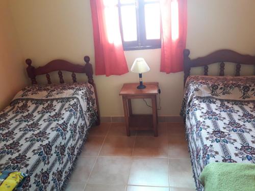 卡奇Cabaña Los Molles的一间卧室配有两张床和一张带台灯的桌子