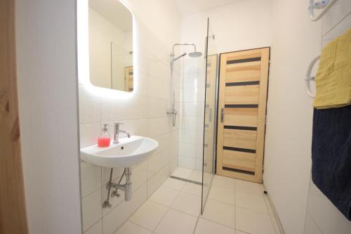 布拉格Gallery Apartment的白色的浴室设有水槽和镜子