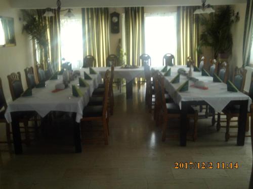 艾森许滕施塔特Pension Balkan的一间设有白色桌椅和窗户的用餐室