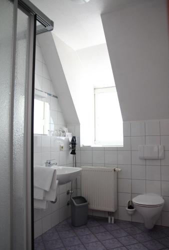 WipfeldGästehaus Zehntgraf的一间带水槽和卫生间的浴室以及窗户。
