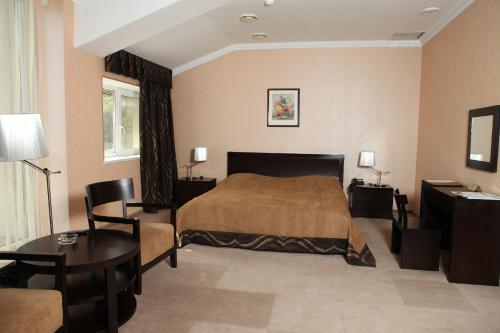 第聂伯罗拉维纳酒店的酒店客房配有一张床铺和一张桌子。