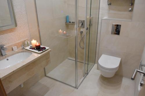兹拉蒂博尔Alibi Zlatibor Inn的浴室设有卫生间和带蜡烛的淋浴。