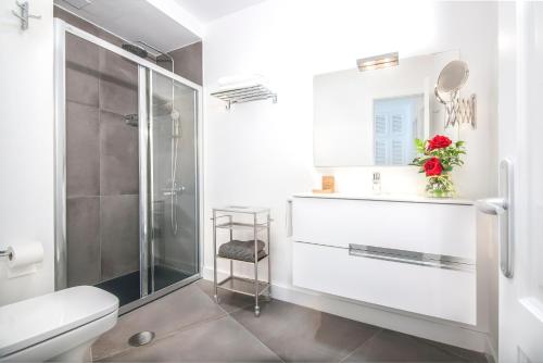 蒂亚斯Rooms & Suites The Lighthouse的带淋浴、卫生间和盥洗盆的浴室