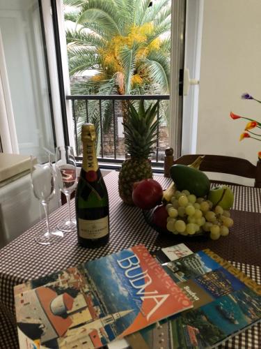 布德瓦Apartment Viva的一张桌子,上面放着一瓶葡萄酒和一本书