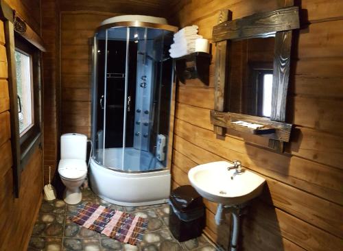 布克维Eco House的带淋浴、卫生间和盥洗盆的浴室