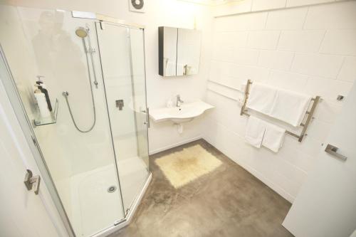 坎布里奇沃尔现代公寓的带淋浴和盥洗盆的白色浴室